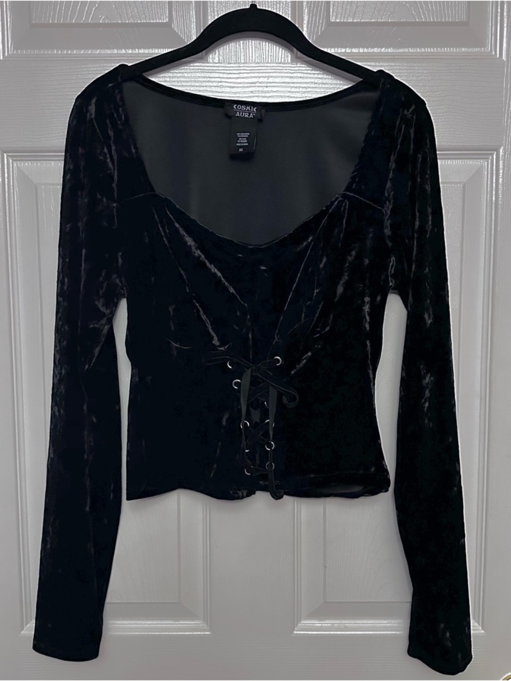 Cosmic Aura Top Women's XL Black Velvet Corset Lace Up Gothic Y2K Hot Topic